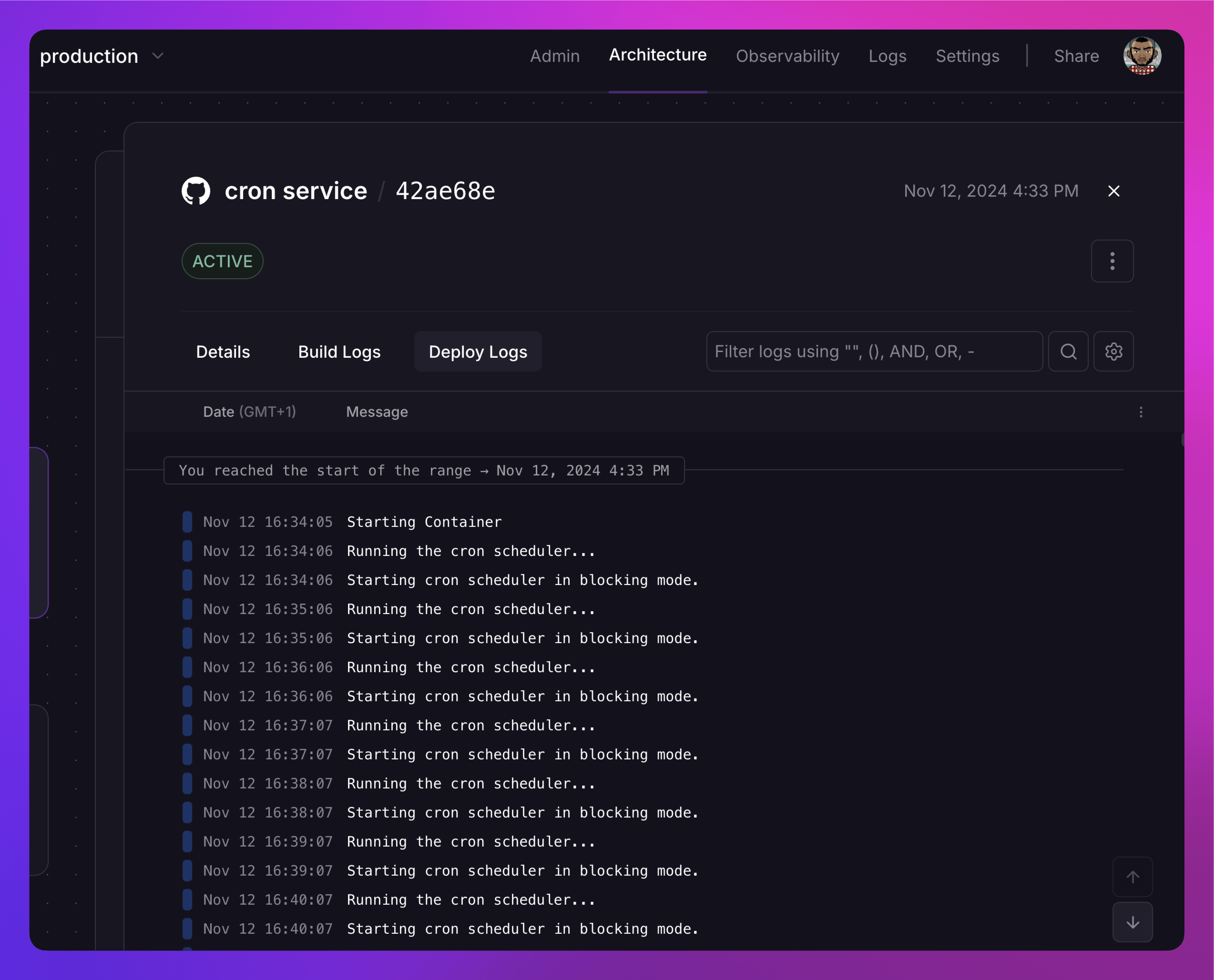 screenshot of the cron service of the Symfony app