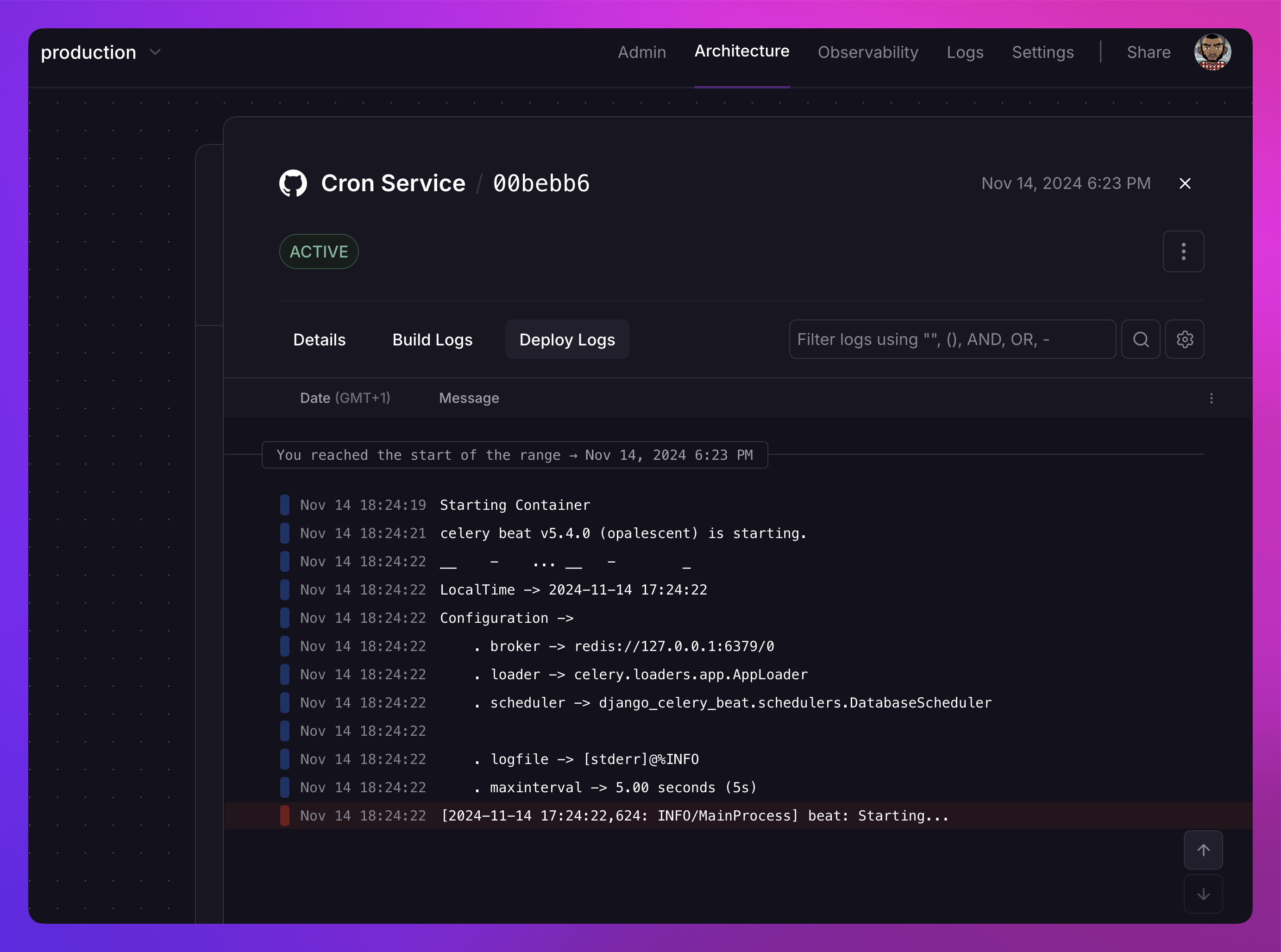 screenshot of the cron service of the Django app