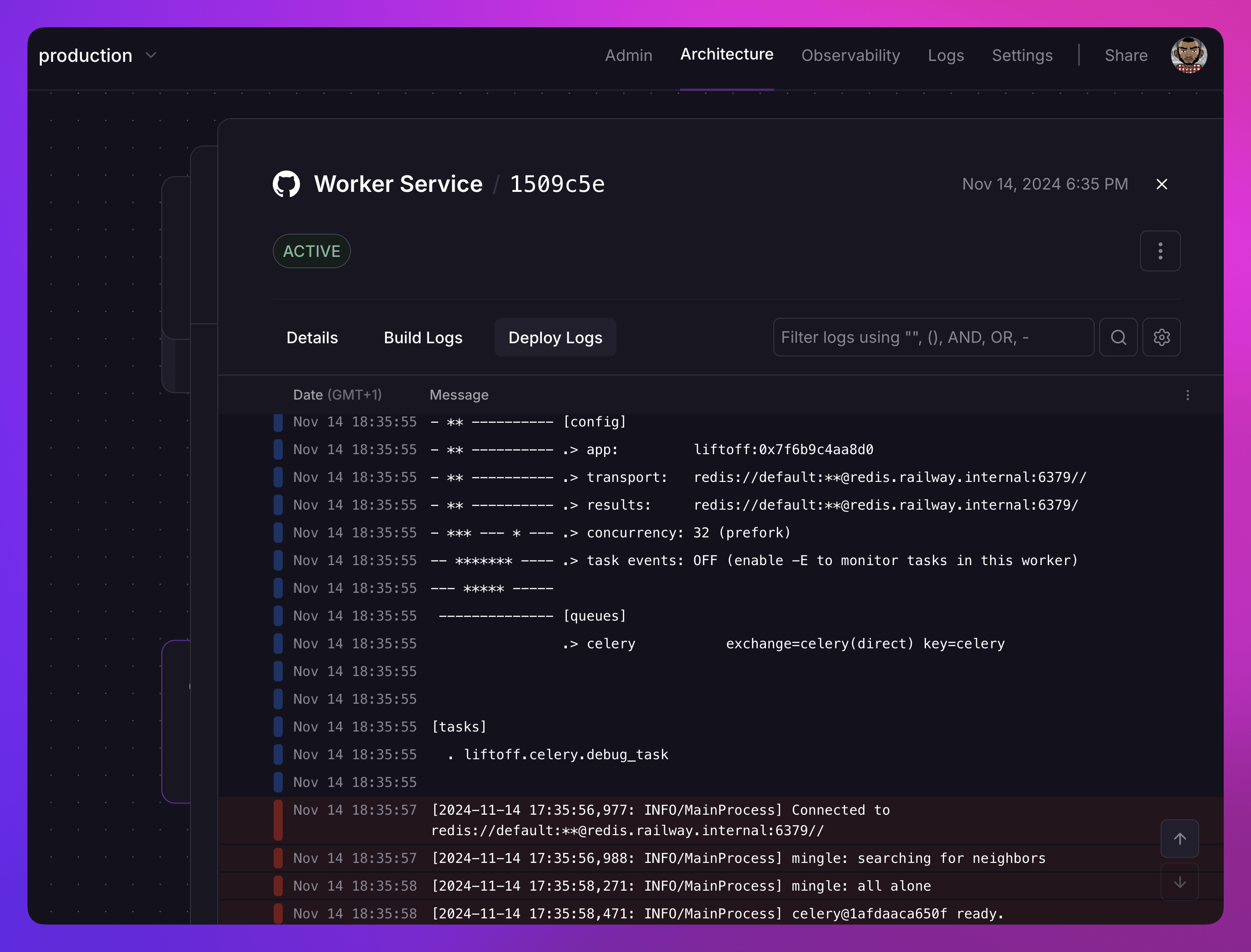 screenshot of the worker service of the Django app