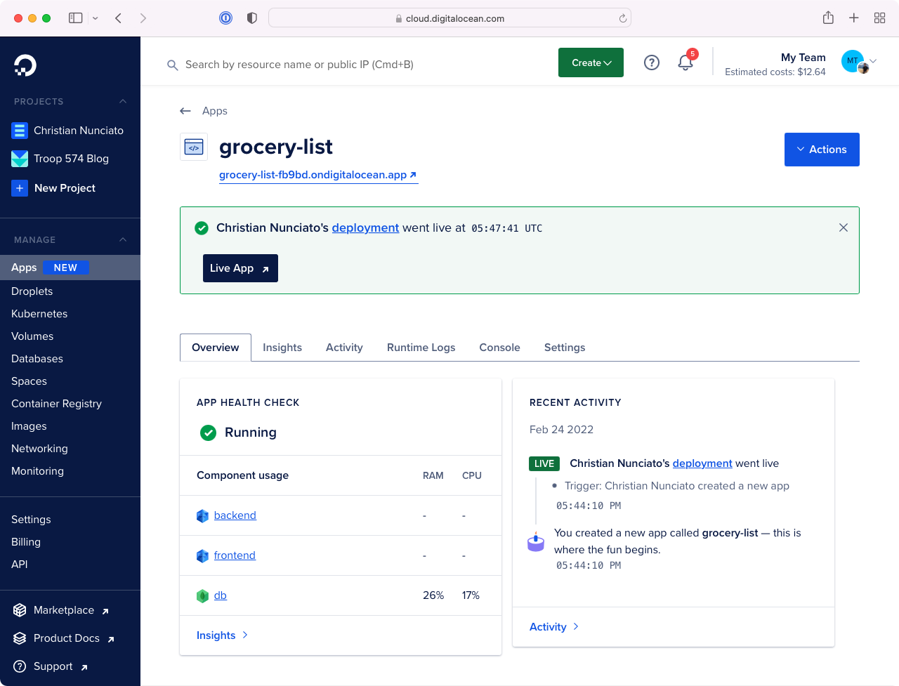 DigitalOcean App Platform dashboard