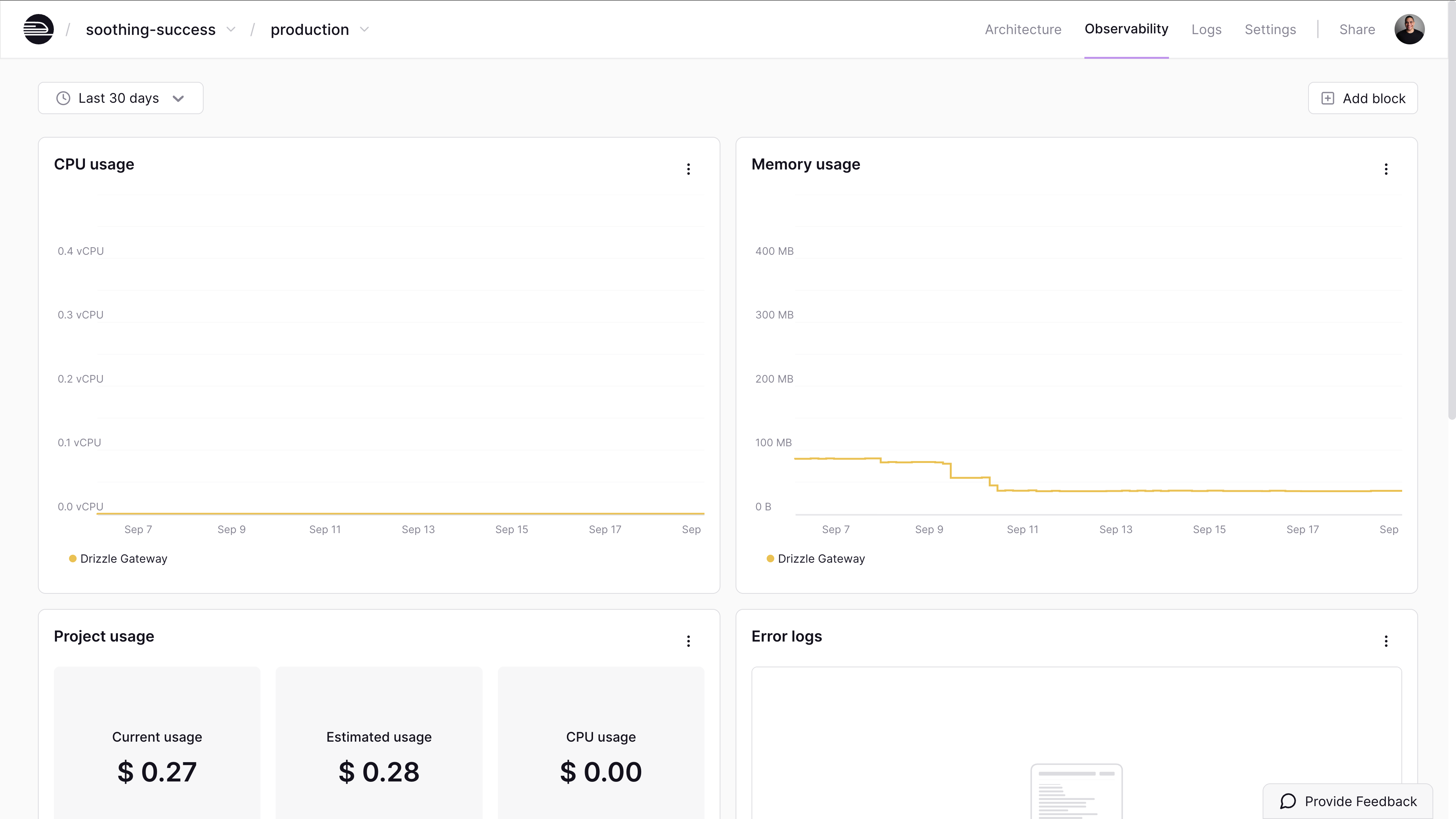 Observability dashboard