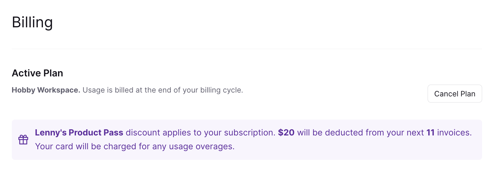 Promotion details on billing page