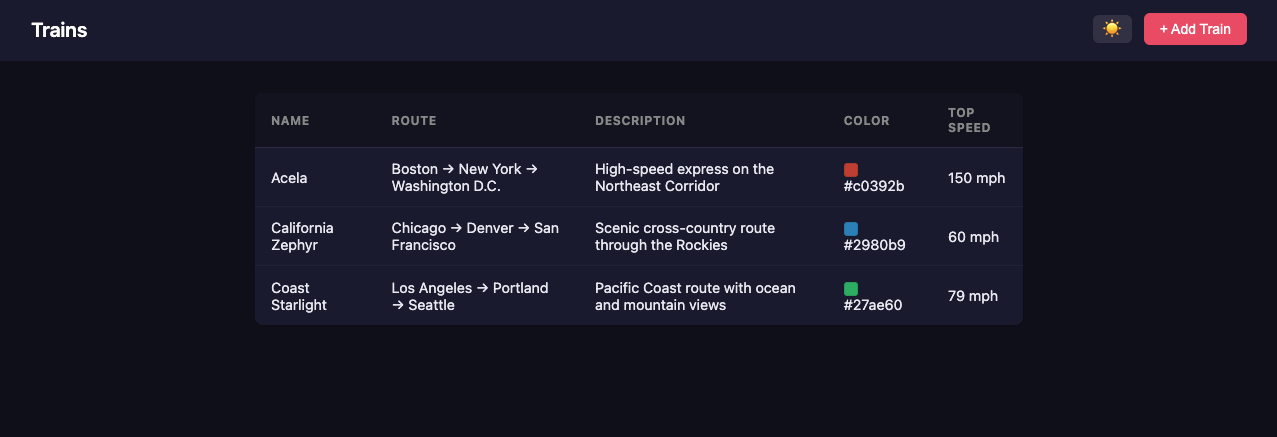 Preview deployment showing the train application with dark mode applied to the frontend