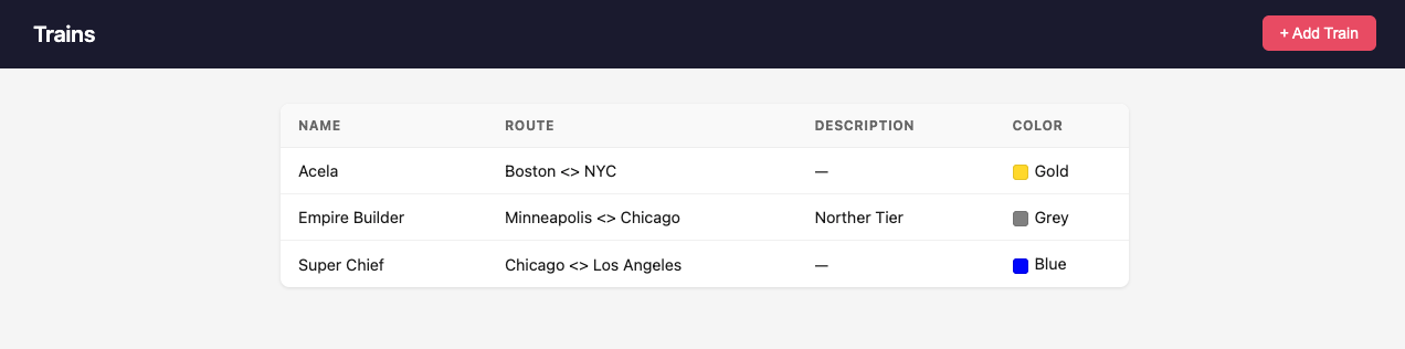 Example train application frontend showing a list of trains