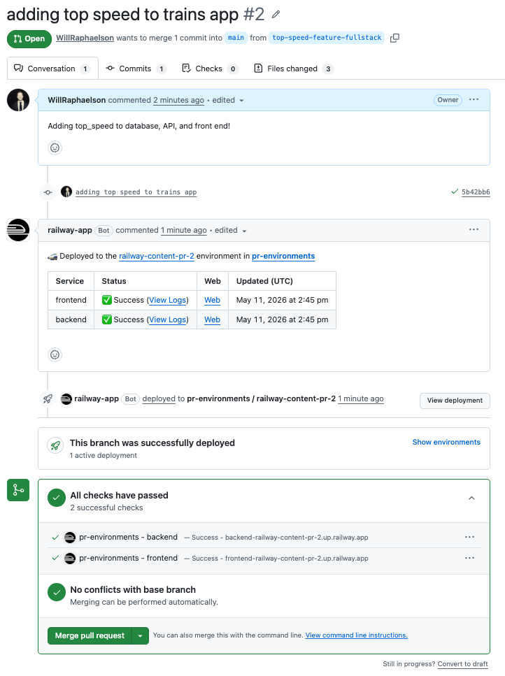 Railway GitHub bot comment listing the PR Environment URLs
