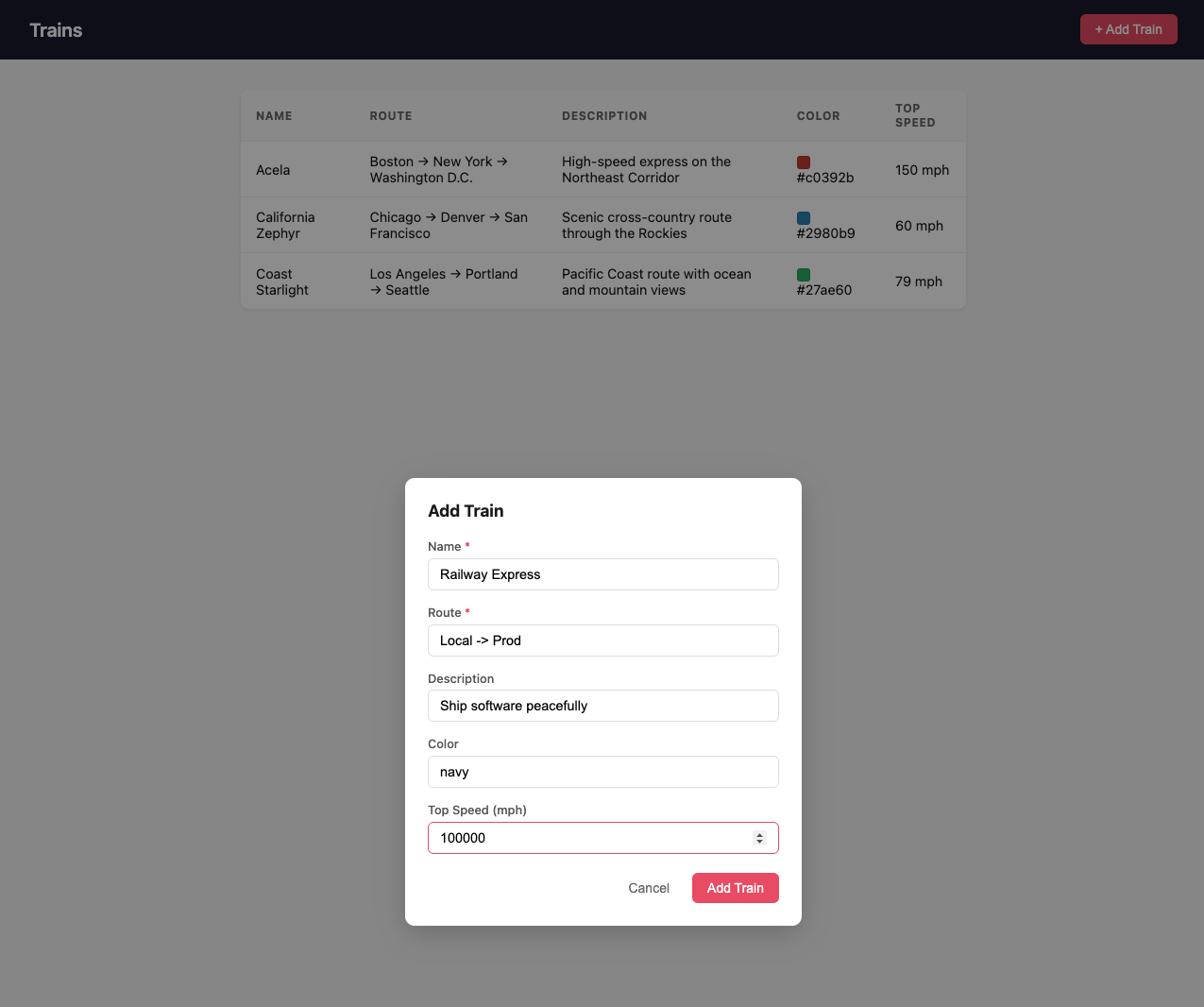 Preview deployment of the train application showing the new top_speed field