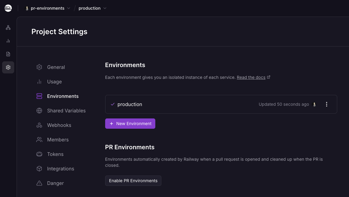Enable PR Environments toggle in project settings