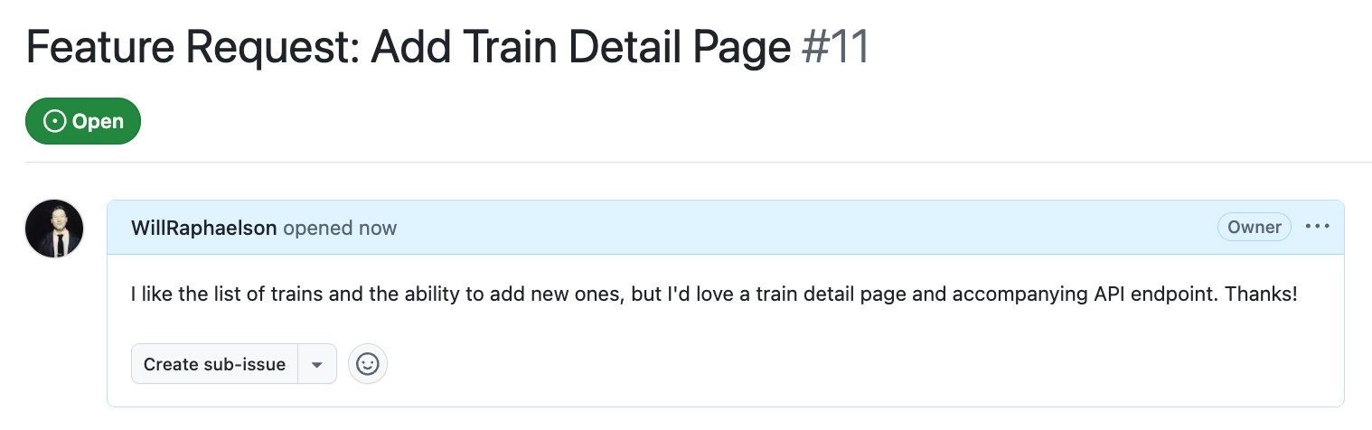 GitHub issue requesting a detail page for individual train records