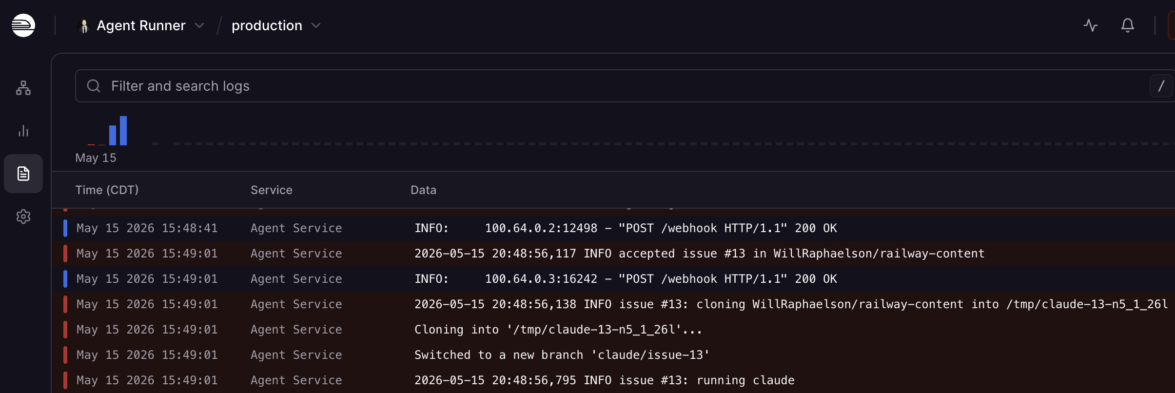Railway service logs showing the DevBot receiving the webhook and starting work