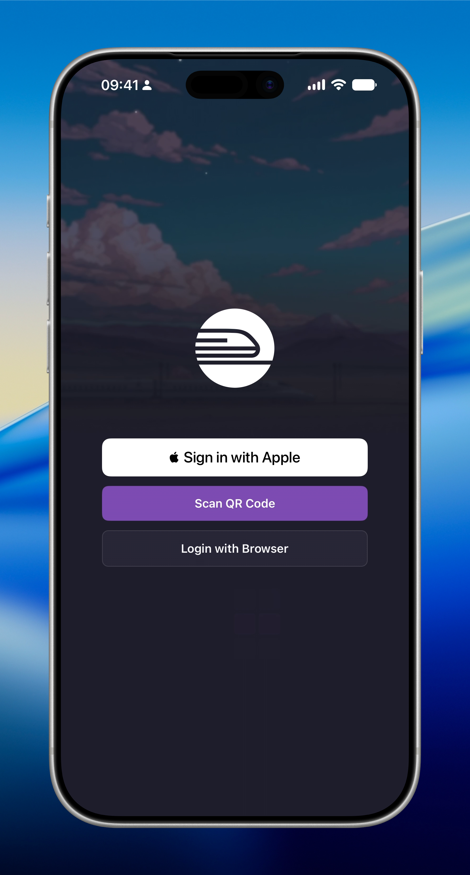 The Railway mobile app sign-in screen with Sign in with Apple, Scan QR Code, and Login with Browser buttons