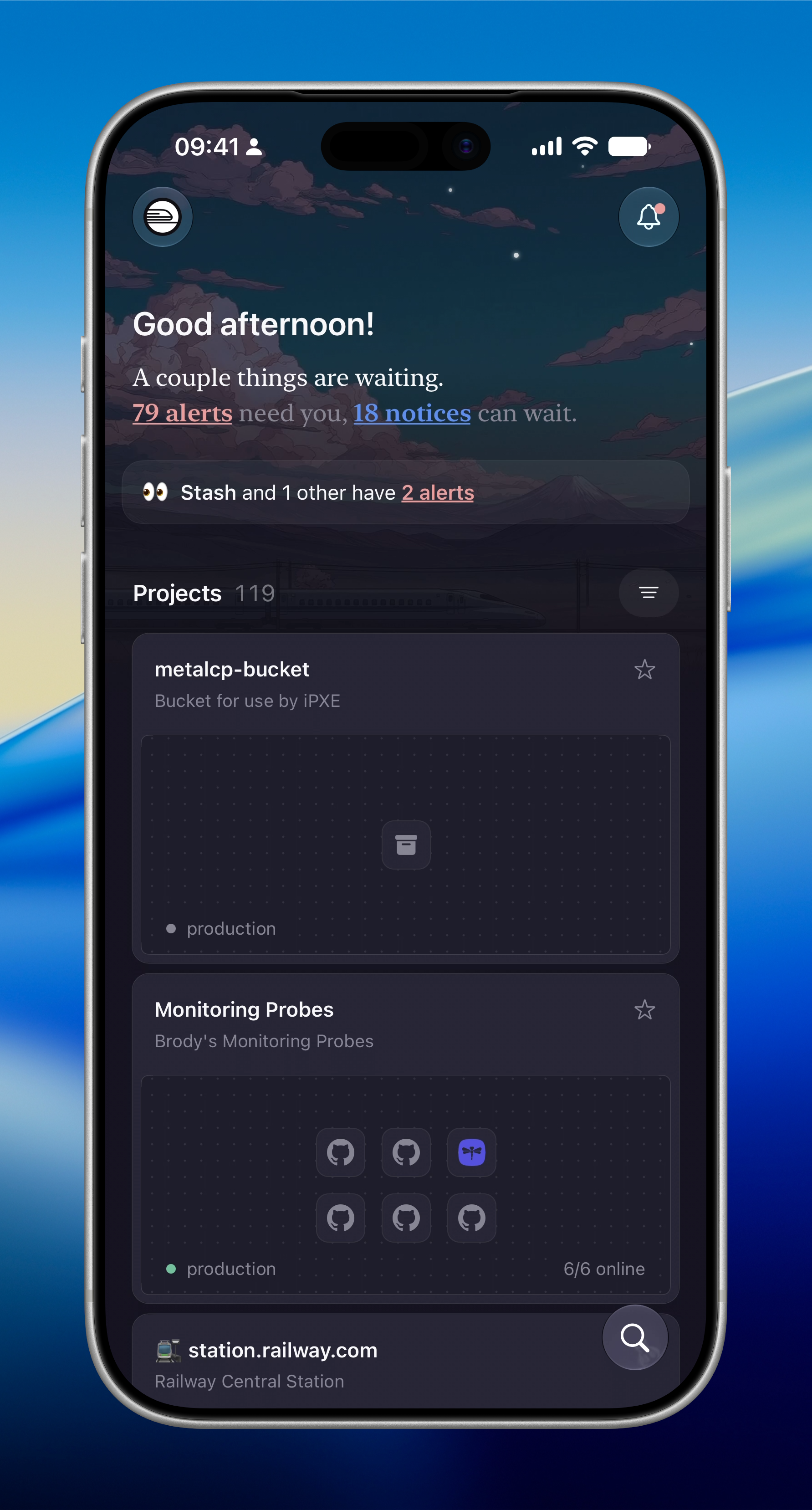 The Railway mobile app home screen showing a workspace dashboard with project cards