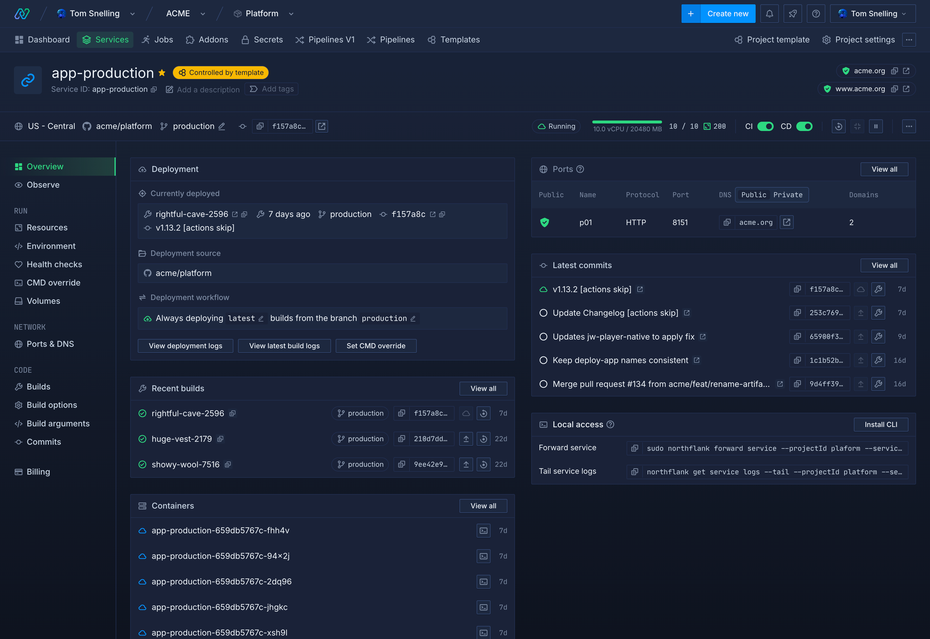 Northflank's service dashboard