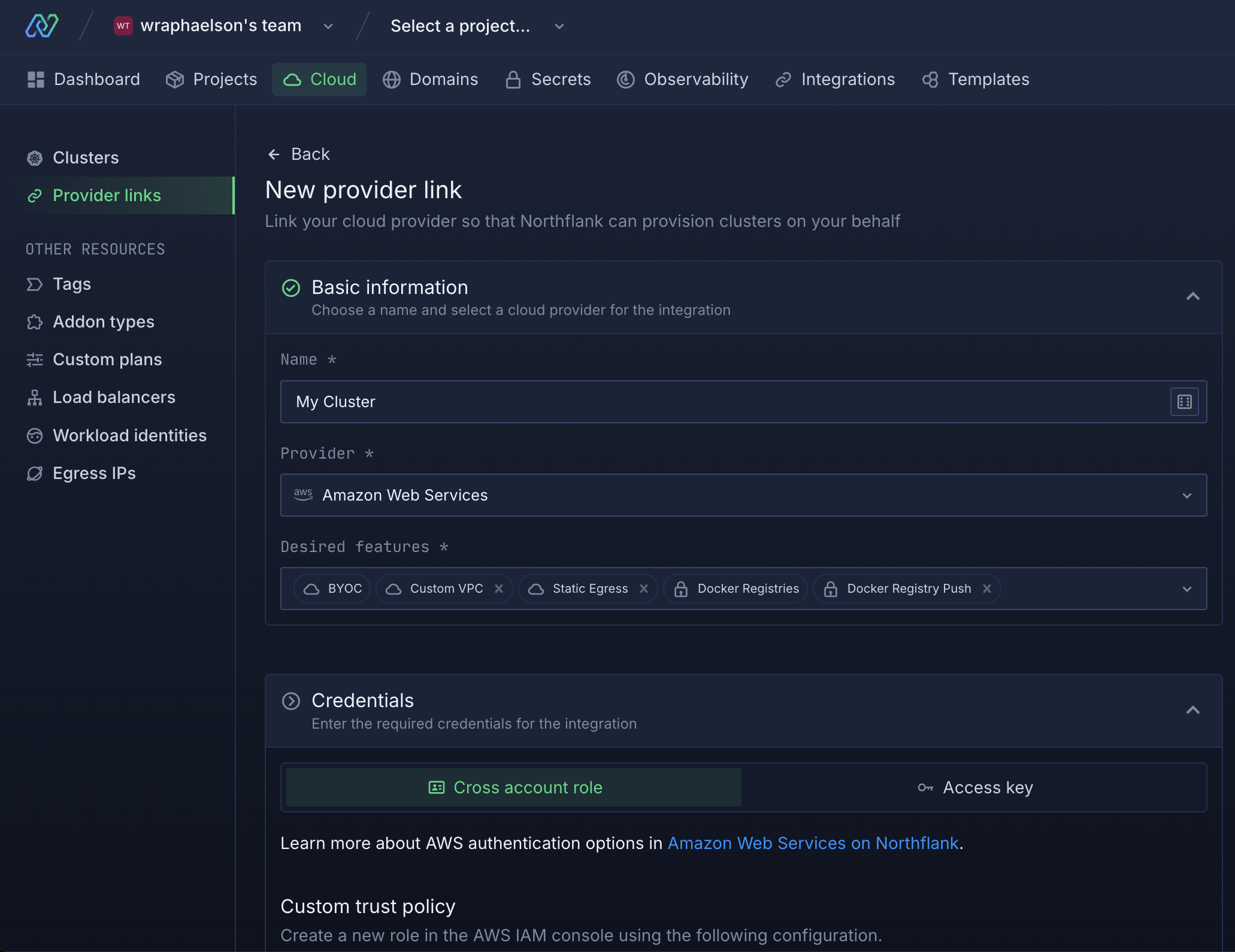 Northflank's provider link setup for bringing your own cloud