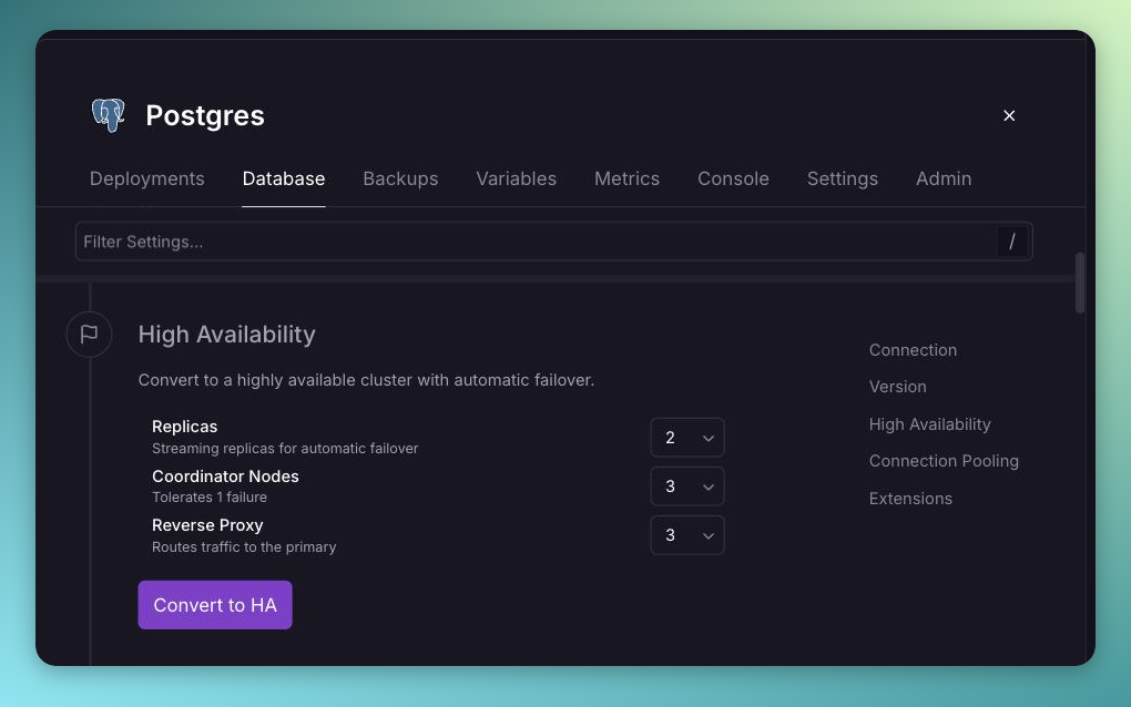 High Availability section in the Postgres Config tab, showing the Replicas, Coordinator Nodes, and Reverse Proxy selectors and the Convert to HA button
