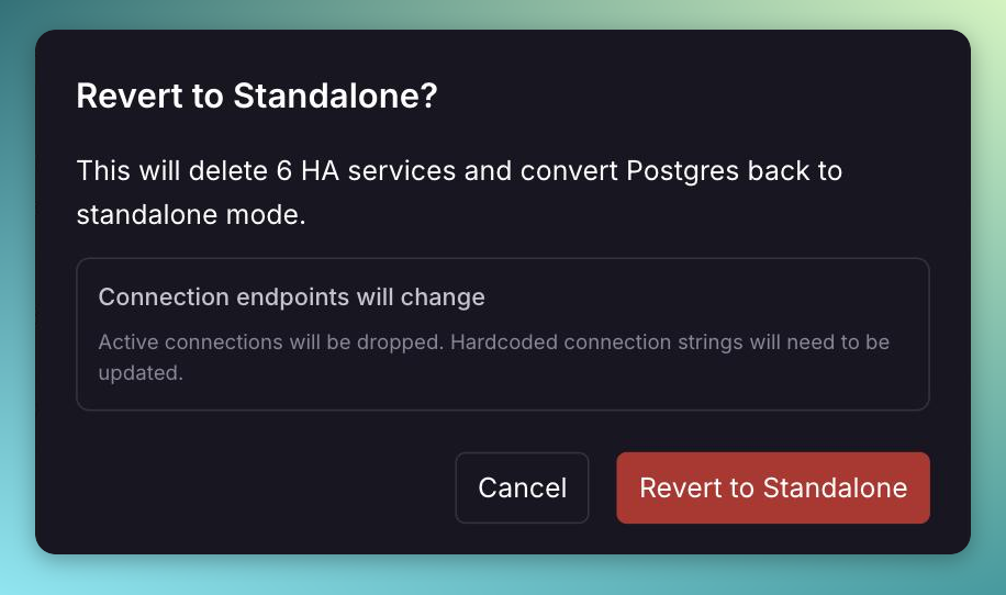 Revert to Standalone confirmation dialog for a Postgres HA cluster