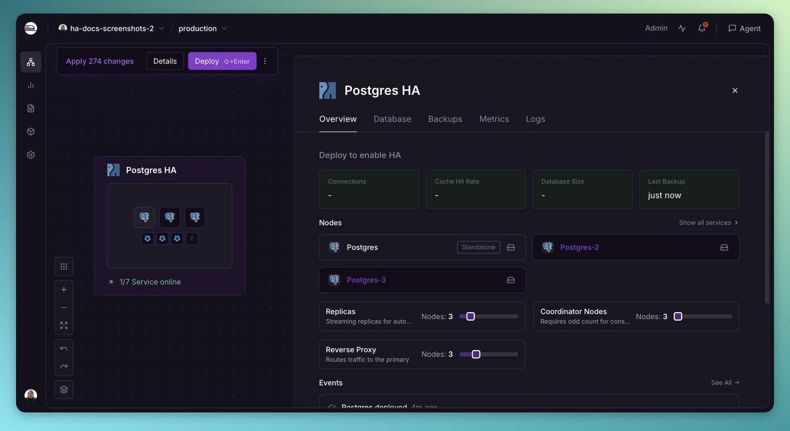 Cluster overview showing the staged HA services with a Deploy to enable HA banner