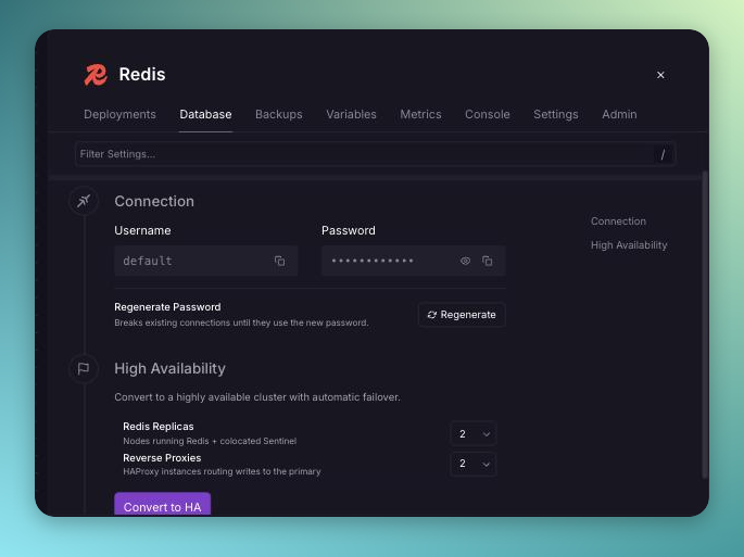 High Availability section in the Redis Config tab, showing the Redis Replicas and Reverse Proxies selectors and the Convert to HA button