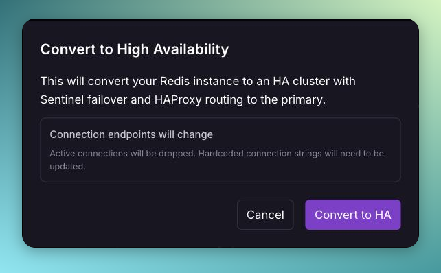 Convert to High Availability confirmation dialog for Redis