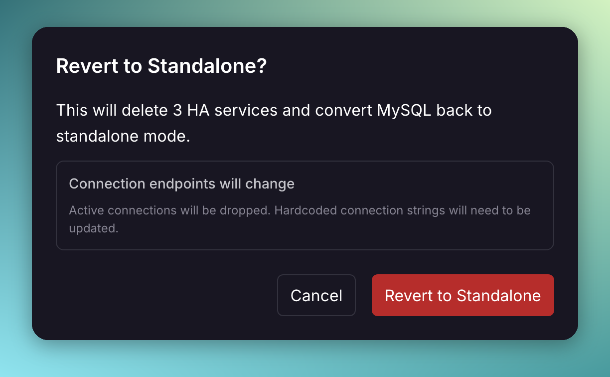 Revert to Standalone confirmation dialog for a MySQL HA cluster