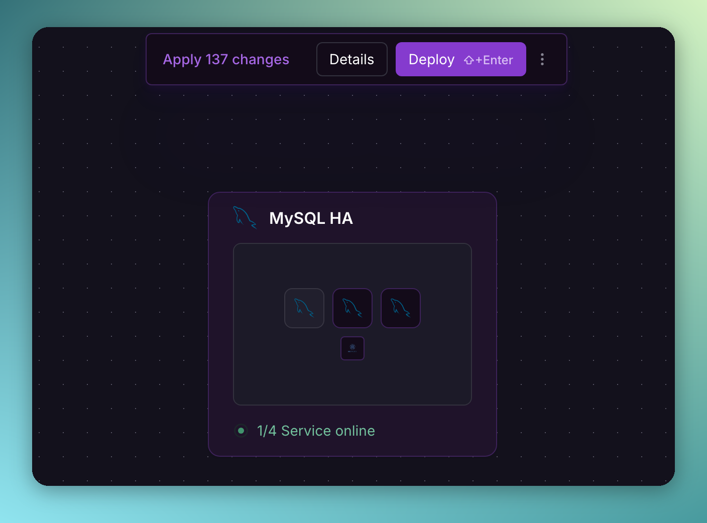 Cluster overview showing the staged MySQL HA services with an Apply changes and Deploy banner
