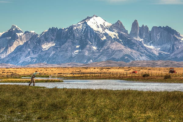 Mountain Range Torres Del Paine with lake in front