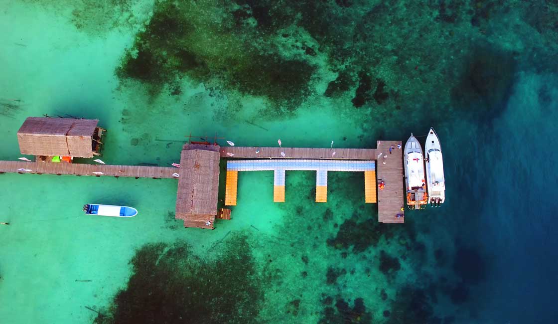 Aerial view of a deck over clear water