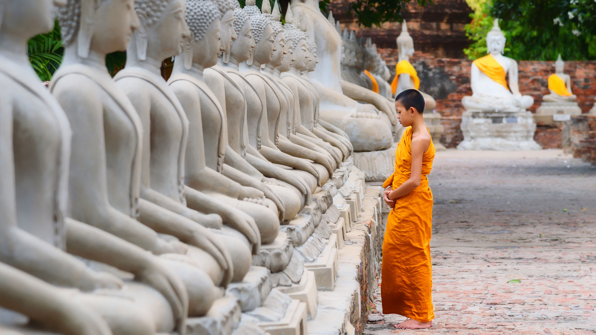 Young Buddhist monk in front of a row of statues