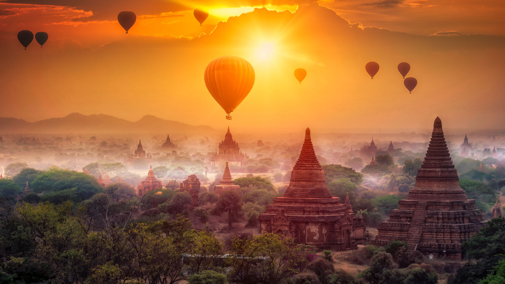 Hot Air Balloons flying over the temples in Bagan