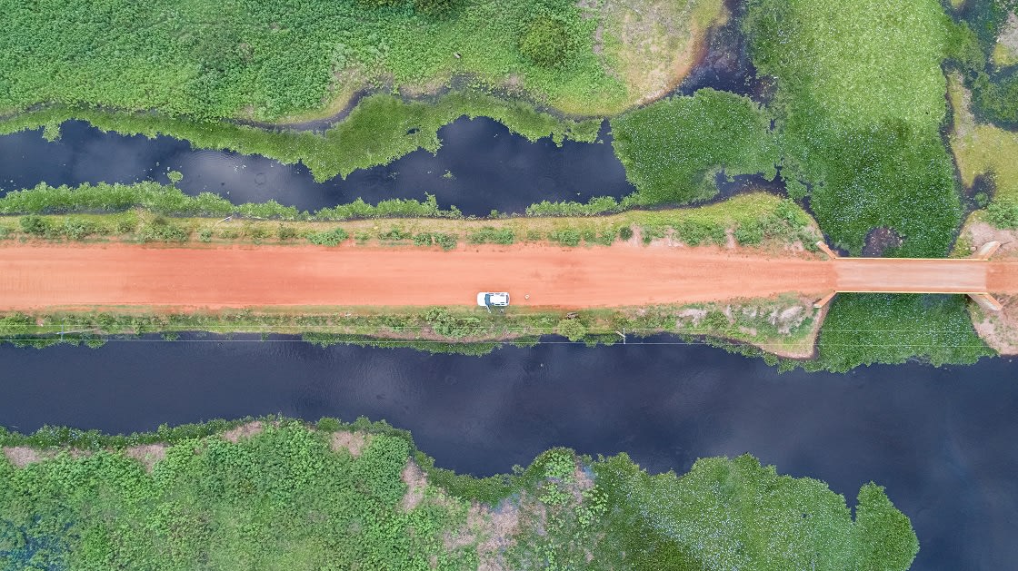 Vertical,Aerial,View,Of,Transpantaneira,Dirt,Road,With,A,Car