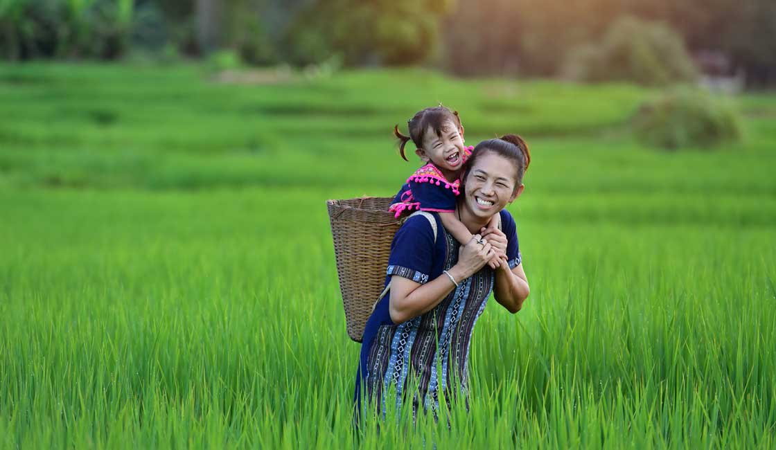 Young woman carrying a toddler in a carrier in the firelds