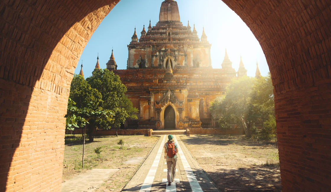 Solo traveler in a temple in Bagan