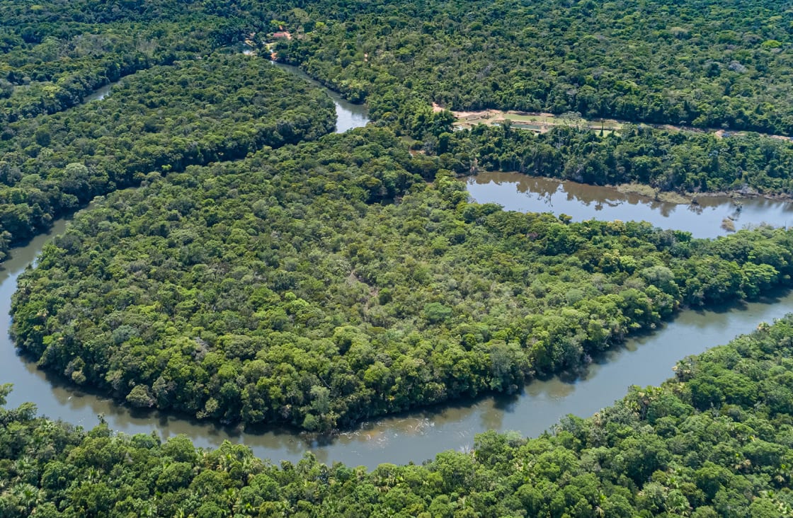 Aerial View Of A Meandering Amazon Tributary River, Amazonian Rainforest