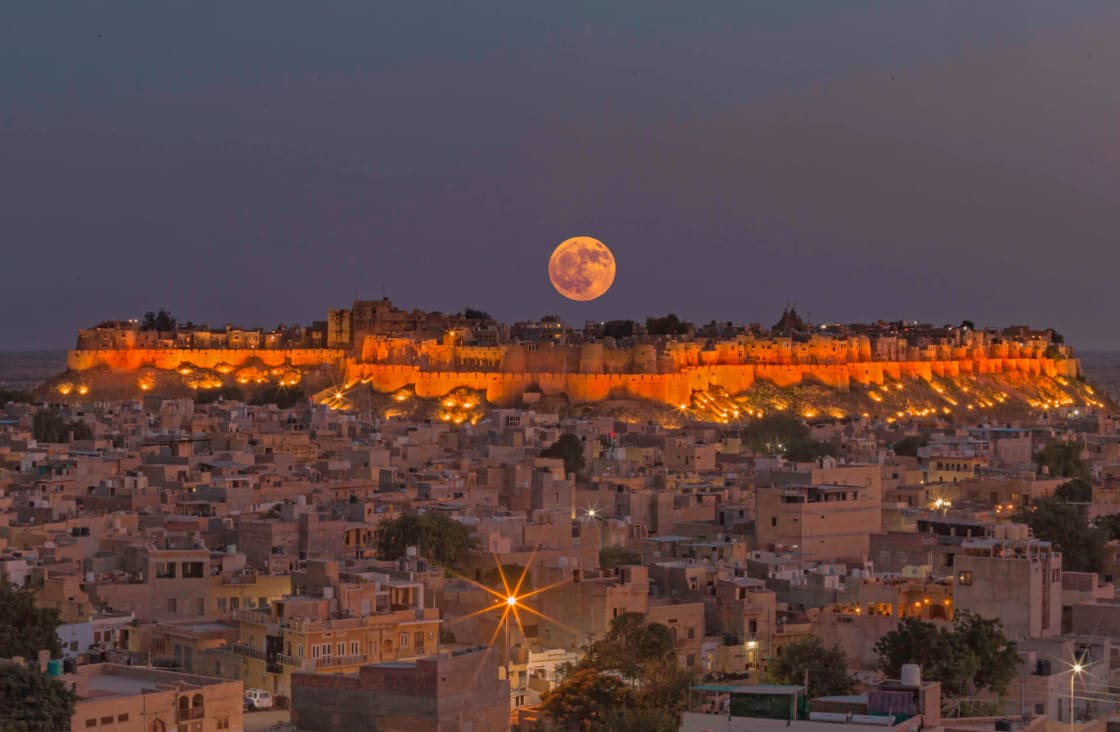 Jaisalmer Fort lit up at night at full moon