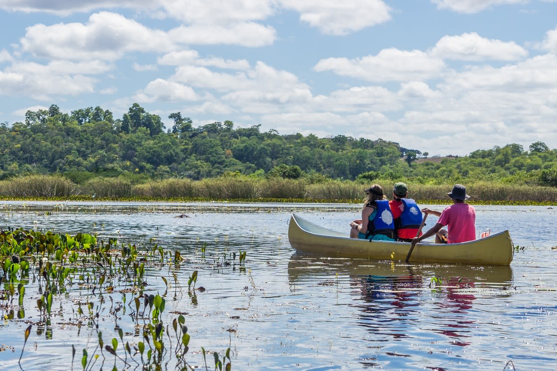 Tourists With A Guide In A Canoe At Pantanal