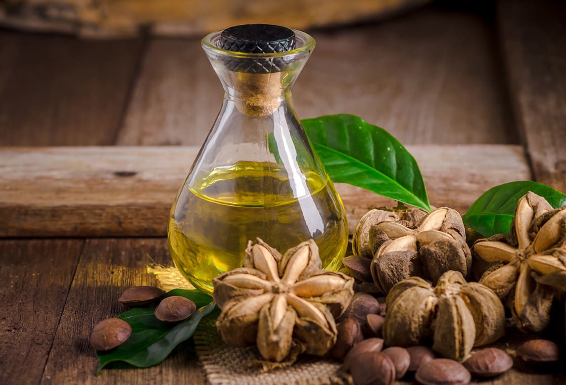 Dried Capsule Seeds Fruit Of Sacha Inchi On Wooden Table