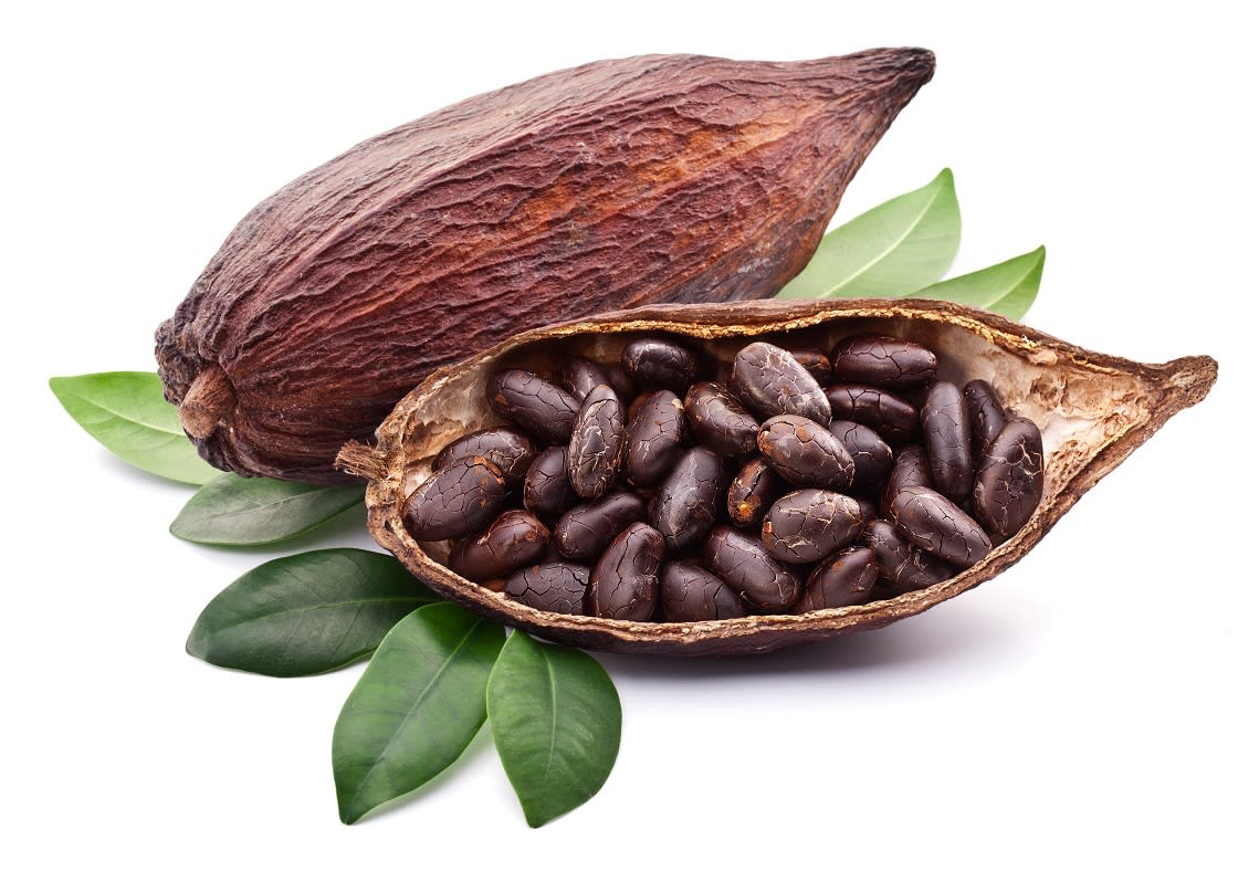 Cacao Pod With Cacao Beans On A White Background