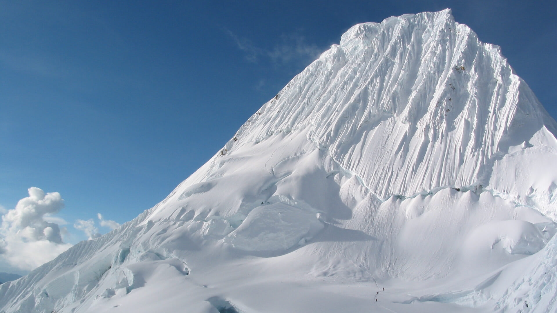 Climbers on Alpamayo Mountain in the Cordillera Blanca, Peru