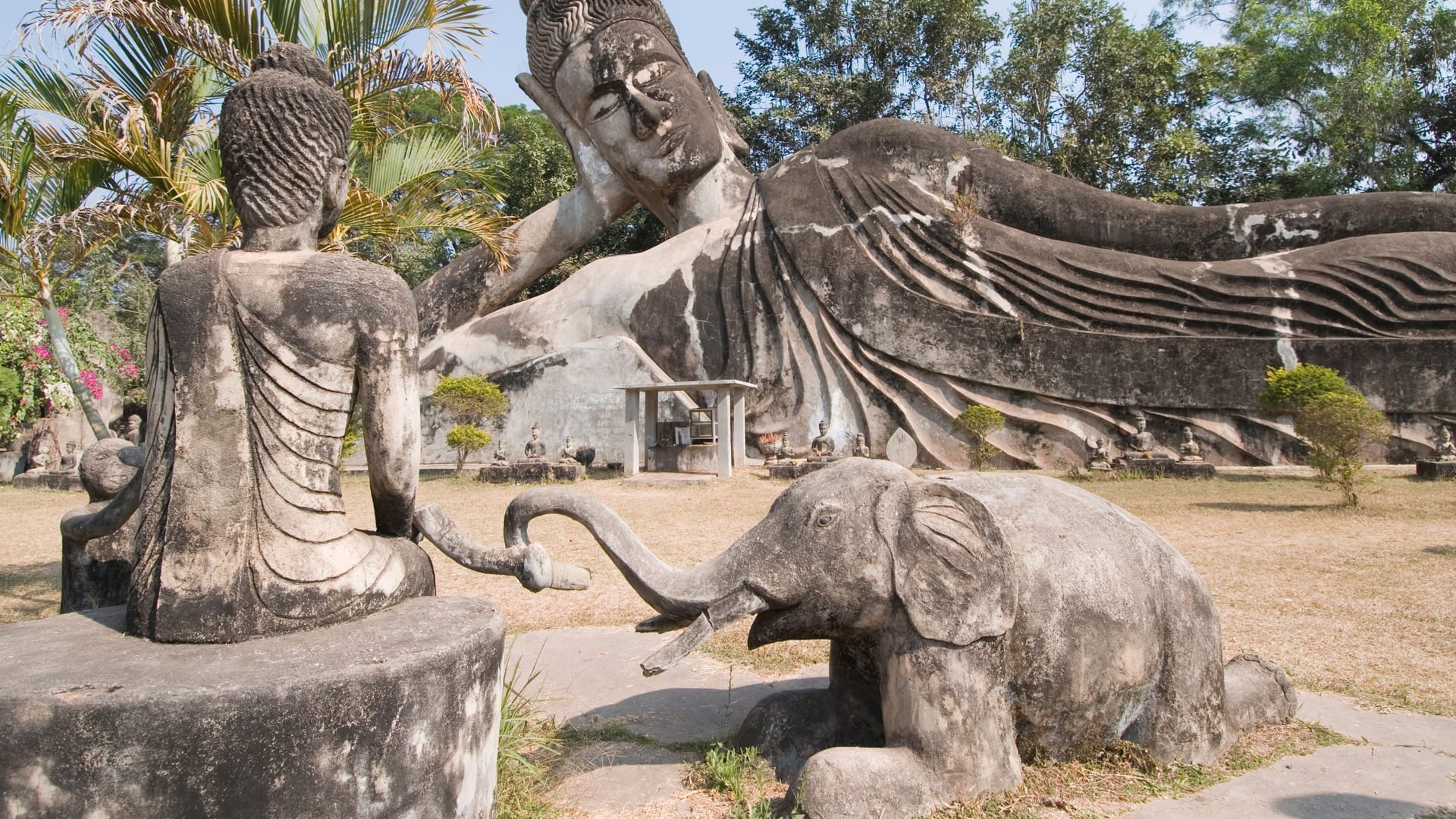 Stone elephant sculpture kneeling before a seated Buddha statue, with a giant reclining Buddha statue in the background.