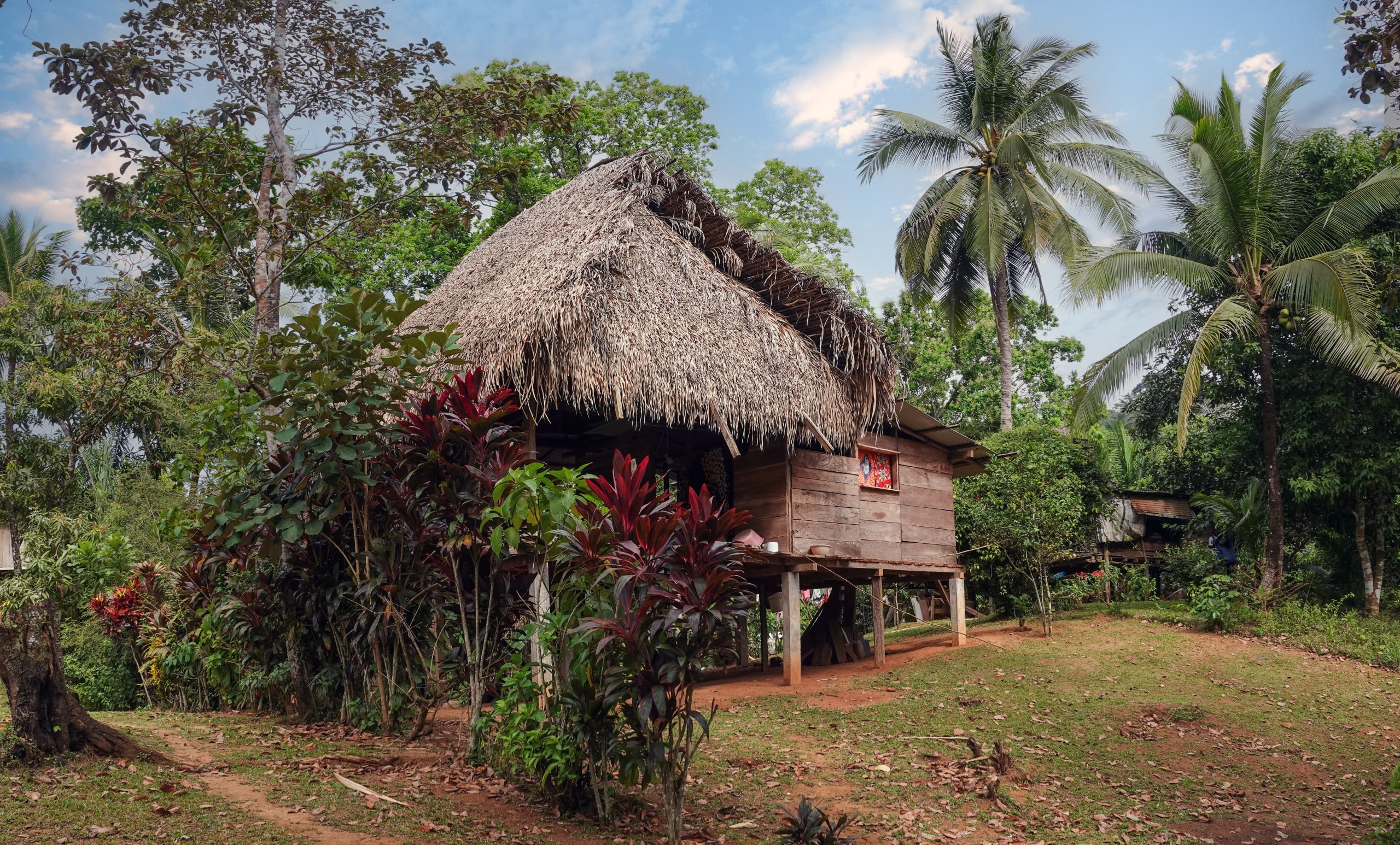 A traditional wooden stilt house with a steep thatched roof surrounded by lush tropical greenery and palm trees.