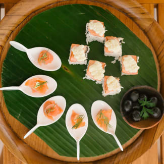 Sushi served on banana leaf