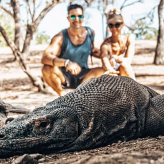 Couple watching a large Komodo Dragon