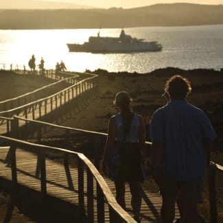 Couple walking the pathway towards the shore with ship in sight