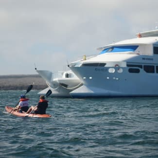 A couple kayaking nearby the ship