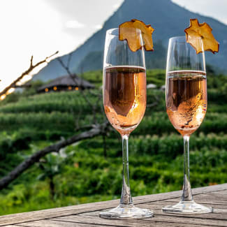 Two glasses of sparkling wine and mountain in the background