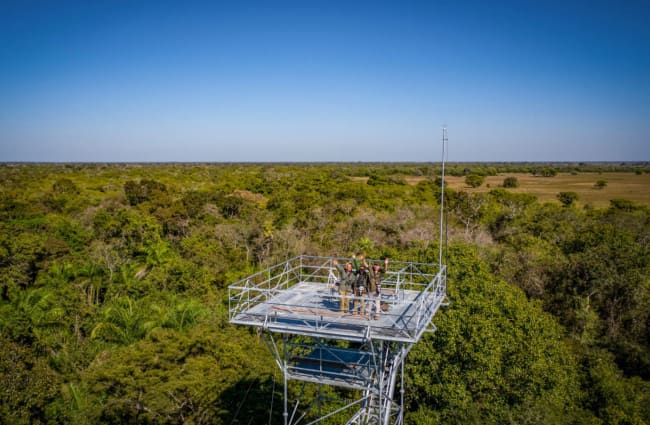 People standing on the top of large tower