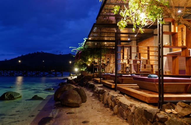 Restaurant by the beach in the evening