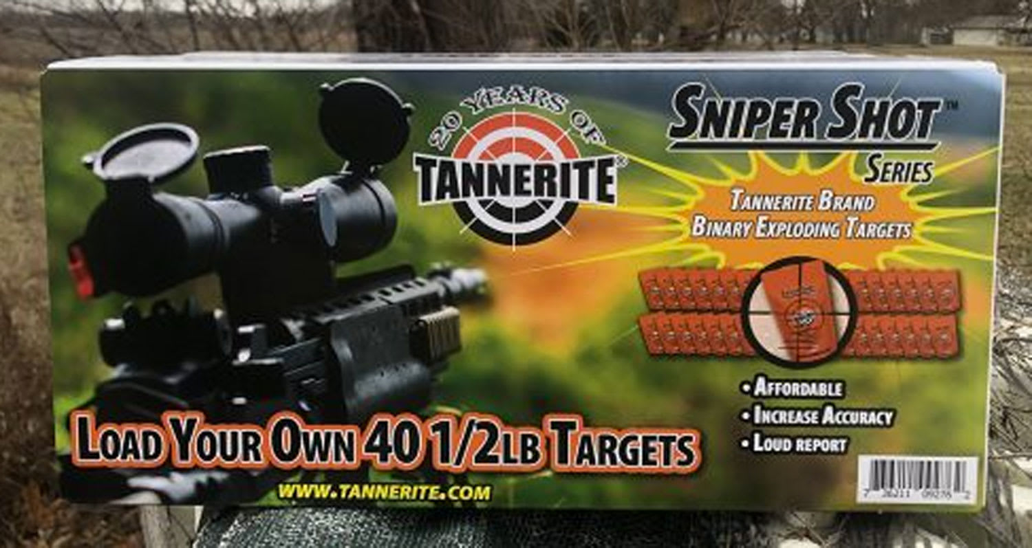 Tannerite, Sniper Shot, (4) 5lb., (40) Target Pouches, (1) mixing jar, (1)  prepacked silver catalyst, (1) earplugs - Guns N Gear