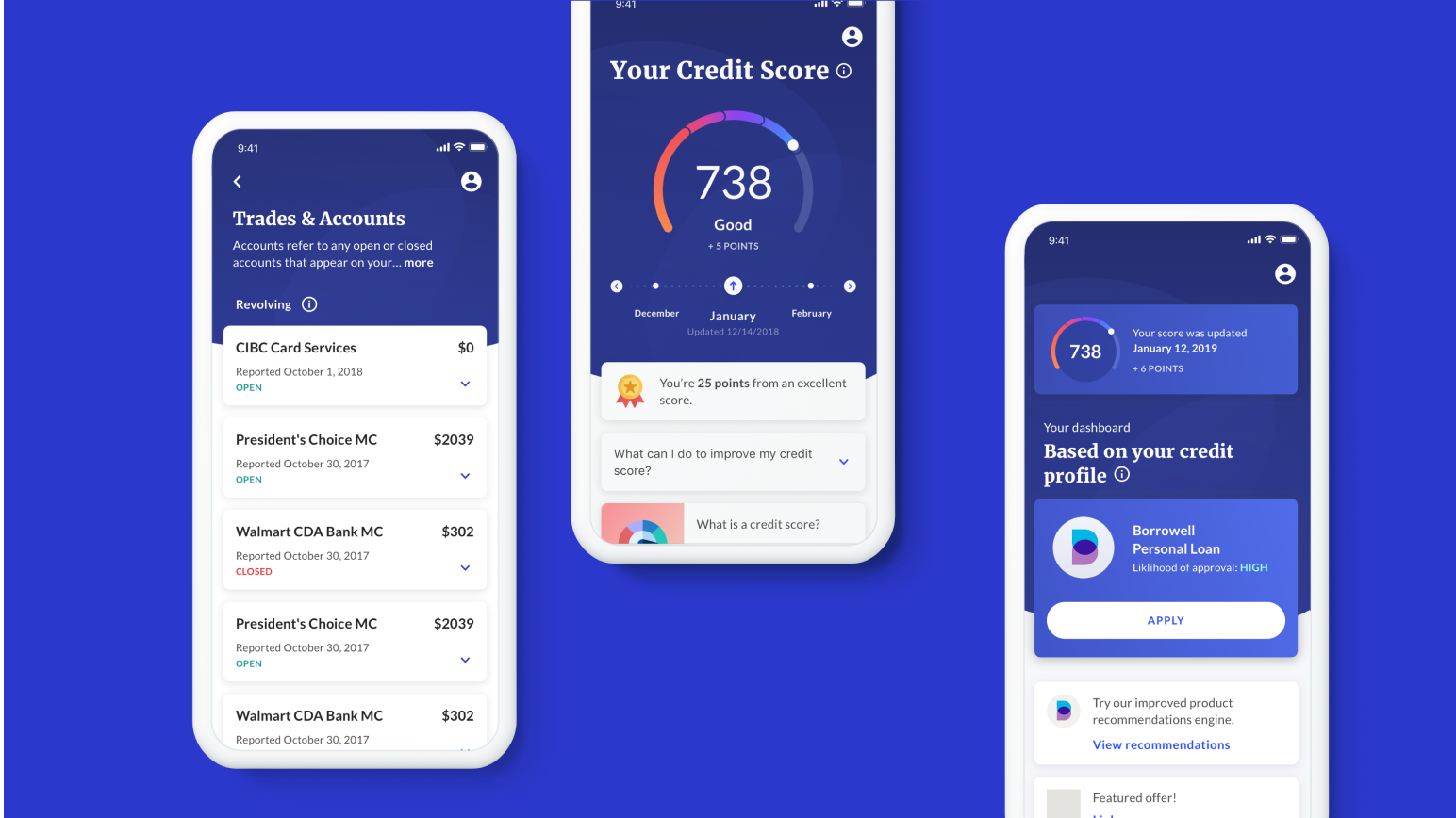 phones showing borrowell app screens