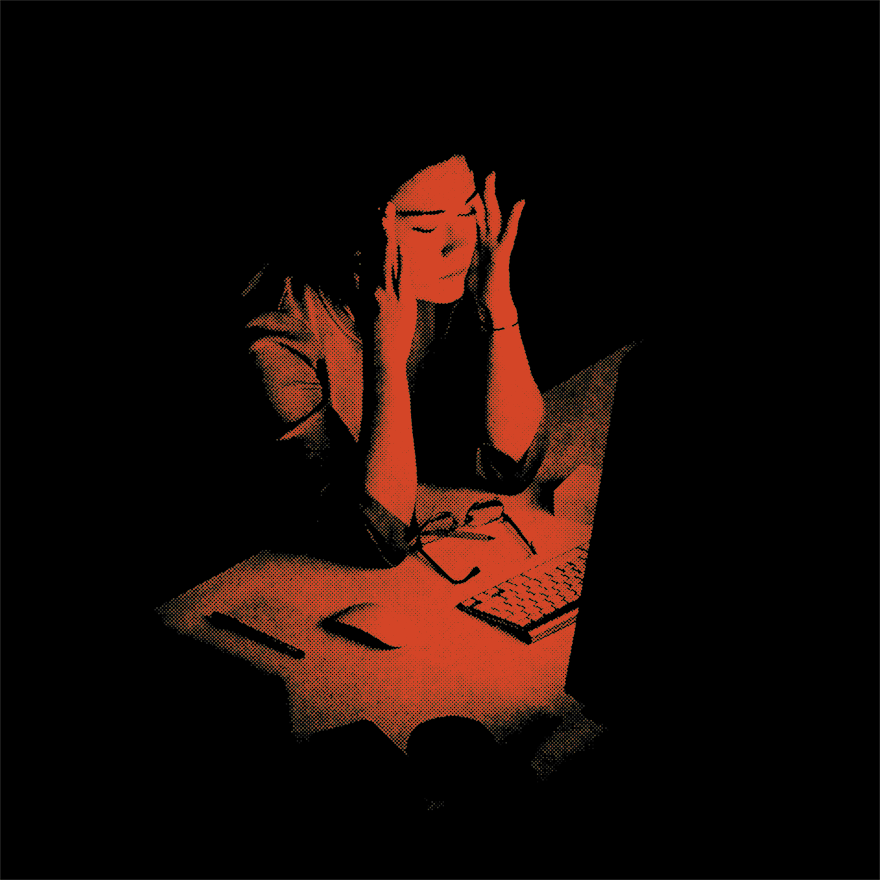 temple massaging in front of a monitor