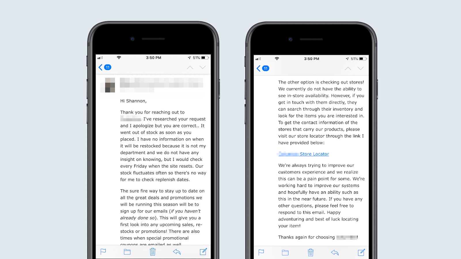 An image of an email in which there are logistical issues